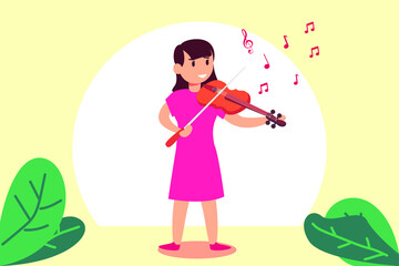 Kids musical vector concept: Young violinist playing her violin with musical notes in the air