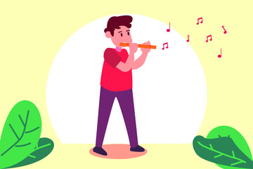 Kids musical vector concept: Boy playing flute with musical notes in the air © Creativa Images