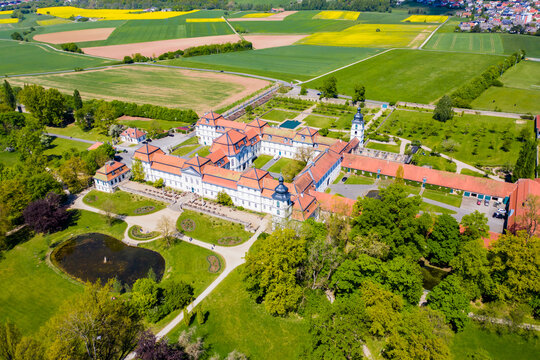 Aerial view of baroque palace Fasanerie with palace garden, Eichenzell, Fulda, Hesse, Germany,
