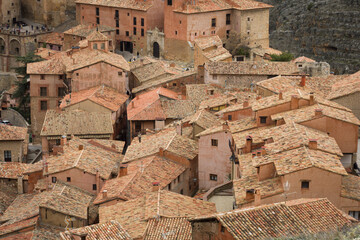 Albarracin, Teruel, Spain. High angle view of old village terracota roofs.