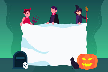 Halloween vector concept: Teenager in halloween costume holding copy space together