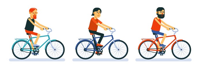 Fototapeta premium Cyclists on bicycles cartoon style, different designs. Vector illustration.
