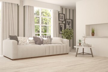 White living room with sofa. Scandinavian interior design. 3D illustration