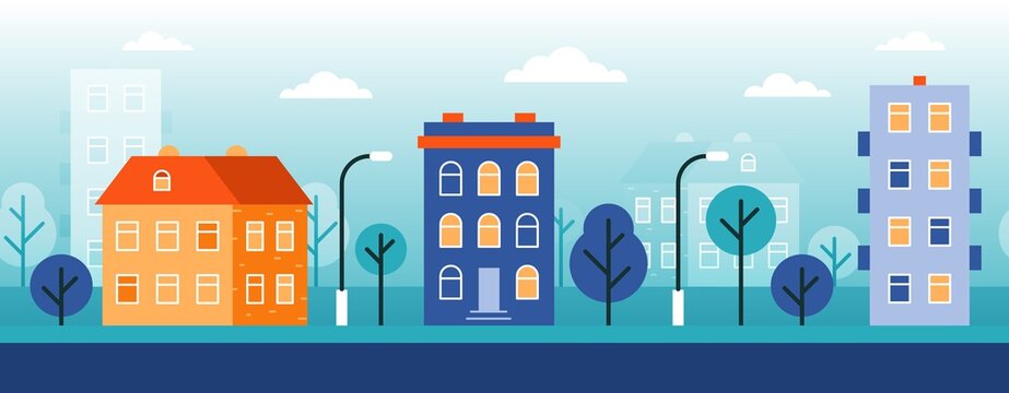 City flat landscape. Urban scenery. Abstract city street with houses and trees geometric background. Vector cartoon graphic design.