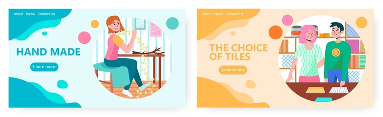 Man choose floor tiles for home. Woman handmade light garland for home holiday decoration. Concept illustration. Vector web site design template