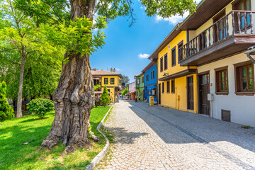 Fototapeta na wymiar Colorful Odunpazari District houses view in Eskisehir City. Eskisehir is populer tourist deatination in Turkey.