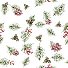 Seamless pattern with christmas rspruce tree branch. Hand drawn watercolor christmas winter christmas decoration. Winter holiday design. Berry wreath for Christmas greeting card.