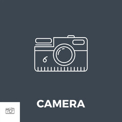 Camera Icon. Camera Related Vector Line Icon. Isolated on Black Background.