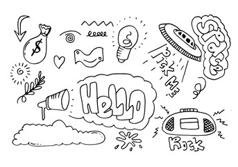 hand-drawn doodle set isolated on white background.