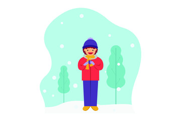 Winter vector concept: Teenage girl holding a cup of hot drink while standing in the snowy park