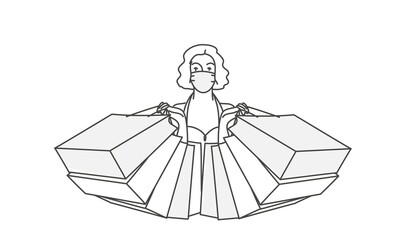 Girl in protection mask holding a lot of paper bags. Purchases. Vector line.