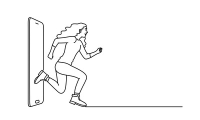 Girl running away from a mobile phone. Large amount of unnecessary information. Vector line.
