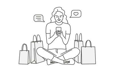 Young woman sitting in lotus position and using phone. Lady with with paper bags. Vector line.