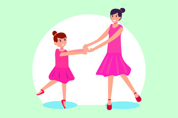 Ballerina vector concept: Little girl learning ballet with her teacher while wearing ballerina costume