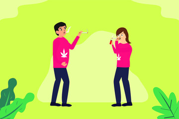 Addiction of cannabis vector concept: Male and female teenagers addicted of cannabis while smoking cannabis together