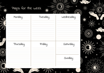 Weekly planner template. Magical hands. Two hands, the sun, crescent, stars and moon phases.