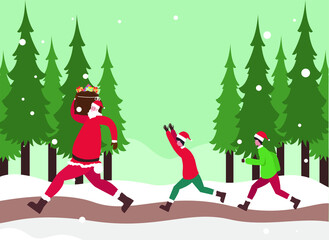 Christmas vector concept: Happy children chasing santa claus while carrying a sack of gifts 