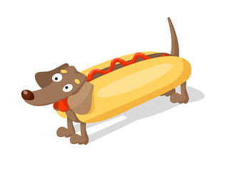 Cute cartoon dachshund dog wearing a hot dog costume. Vector illustration isolated on white background.