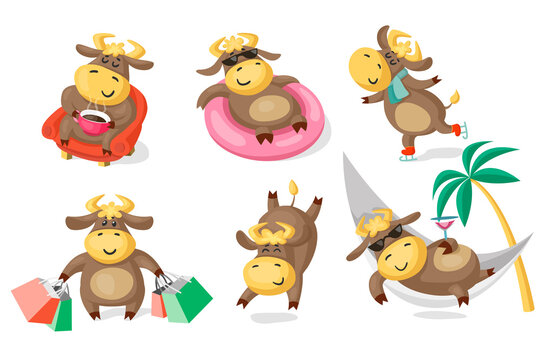 Funny cows and bulls, a symbol of the new year 2021, in various poses. Relaxing, swimming, resting and having fun. Set of vector cartoon illustrations isolated on white background.