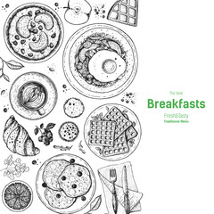 Breakfast top view illustration. Morning food menu design. Breakfast dishes collection. Vintage hand drawn sketch, vector illustration. Engraved style