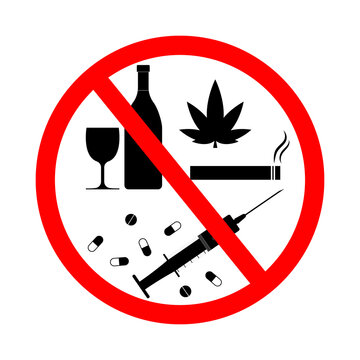 Drug, alcohol, smoke, vape sign forbidden. Tobacco and cannabis icons for stop. Warning and danger from cigarette and drunk. Symbol of ban of cigarettes, vodka and weed. Risk for health. Vector