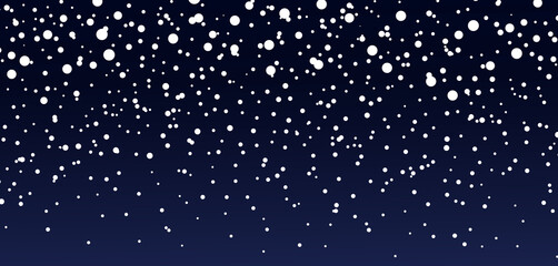 Snow background. Blue sky at night. Christmas snowfall in winter. Falling of snowflake. Starry fall. Pattern with magic snowstorm. White frozen storm. Texture for winter holiday or starry sky. Vector
