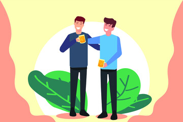 Social drinking vector concept: Two cheerful male friends drinking beer together