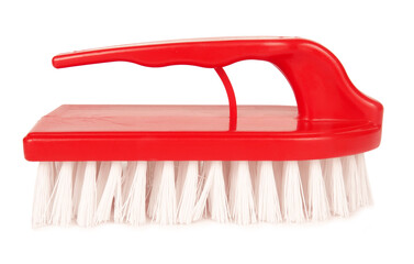 Red plastic brush with handle isolated on white background