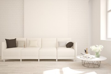 White living room with sofa. Scandinavian interior design. 3D illustration