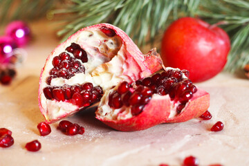 Pine branch, chocolate, orange and beautiful Christmas decorations