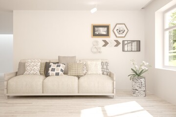 White living room with sofa. Scandinavian interior design. 3D illustration