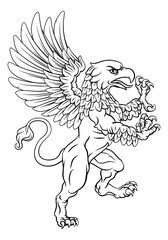 A griffin also known as a gryphon or griffon with lion body, wings and eagle head. Rampant standing on hind legs coat of arms crest mascot