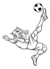A tiger soccer football player cartoon animal sports mascot kicking the ball
