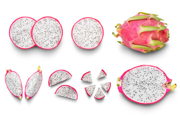Top view of a set of dragon fruit and sliced pieces on white background. Clipping path.