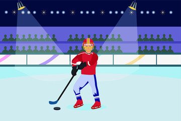 Hockey vector concept: Ice hockey player shoots the puck with stick in the stadium