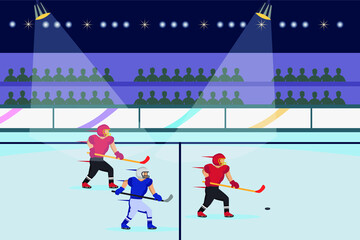 Hockey vector concept: Ice hockey players in action to take the puck at stadium