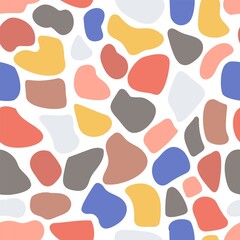 Vector seamless spotted pattern. Multicolour spots of various shapes on a white background. Many shapeless rounded shapes. Trend pattern. Leopard print. Doodle style. Stock illustration. For fabric