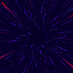 Pixel cosmic background. Pixel art hyper jump, speed of light,  fireworks, falling star. Pixel art 8 bit. 