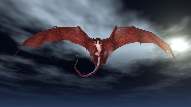 Fantasy illustration of a red fire breathing dragon flying in to attack from a cloudy night sky, 3d digitally rendered illustration