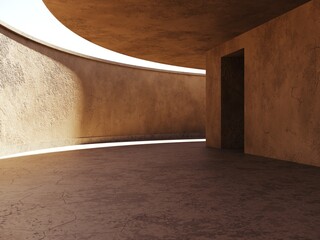 Modern building with stone, concrete walls in sunlight against the sky - 3D render. Minimalistic architectural background with shadow on the wall and floor- trend frame, cover, card, postcard. 