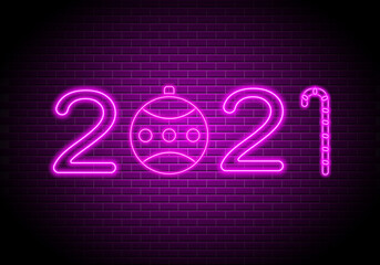 2021 numbers neon text. New Year lightning sign on brick wall background. Vector illustration