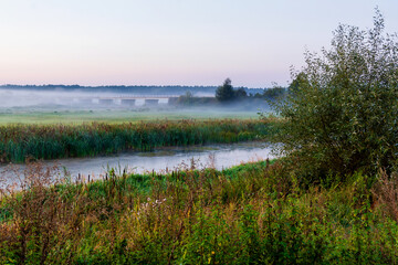 Dolina Górnej Narwi. Ostatni dzień lata. Paranek z mgłami, Podlasie, Polska