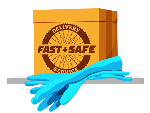 Fast and safe delivery sign or concept picture with cardboard box, label and rubber or latex gloves for remote sale and transportation services