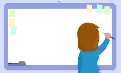 Young woman writing on whiteboard, vector illustration