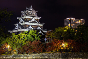 A castle in Hiroshima at night (Japan)