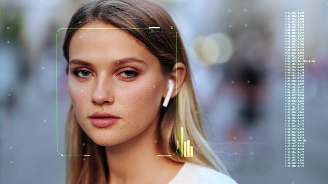 Face of Young Caucasian Woman for Face Detection. Face ID. Future 3D Cyberpunk Technology Concept. Eye Biometrical Iris Scan Reading for Person Identification. Augmented Reality.