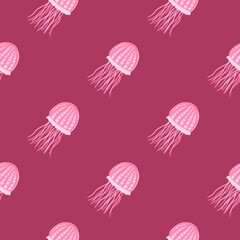 Pink and white colored sea jellyfishes seamless pattern. Dark pink background. Marine simple artwork.