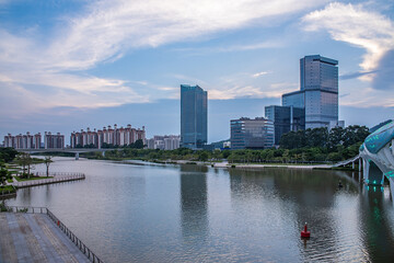 The skyline of buildings along the Jiaomen River in Nansha District, Guangzhou