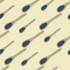 Beige and navy blue colored spoon doodle seamless pattern. Diagonal kitchen ornament with light beige backgound.