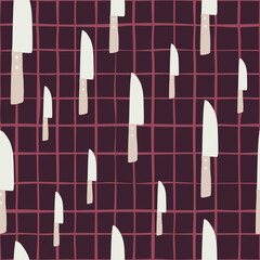 Random seamless pattern with knife simple stylized shapes. White kitchen ornament on dark background with pink check.